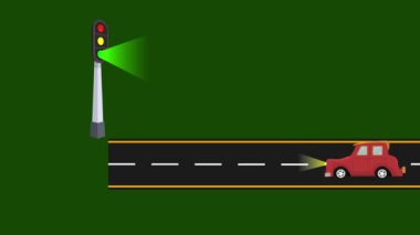 Kırmızı, sarı ve yeşil ışık ikonlarından gelen trafik ışıklarında hızlı hareketli araç durdurma göstergesi yeşil ekran arka planında canlandırma simgeleri