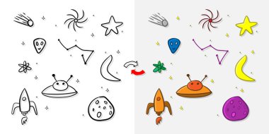 El çizimi uzay elemanları simgeleri deseni, uzay çizimi arkaplan çizimi uzay roketi, yabancı gemi, gezegen ve yıldızlarla