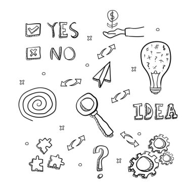 El çizimi iş fikri veya post tasarımı planı, karalama simgeleri vektör illüstrasyonunu ayarlar