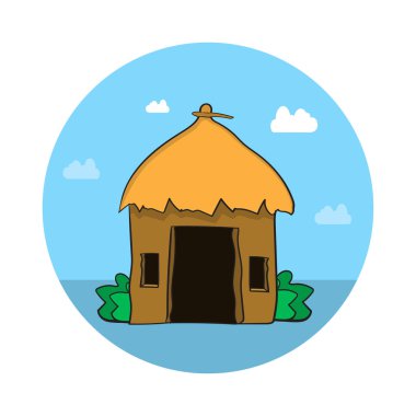 El çizimi Afrikalı tarzı geleneksel ev, samanlı çatı vektör resimli bungalov.