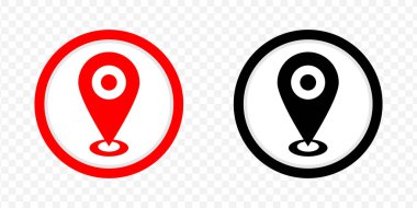 Saydam arkaplanda izole edilmiş konum veya harita yaratıcı pin, kırmızı veya siyah siluet simgesi vektör gösterimi