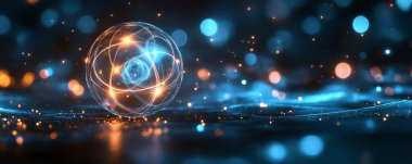 Soyut atom nükleer teknoloji bilimi arka planında parlayan atomlar ai tarafından üretilir.