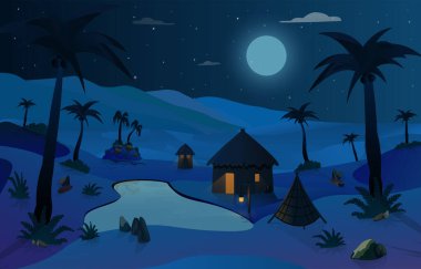 Karanlık gece çöl kulübesi, küçük göl, kumdaki çam ağaçları, karikatür manzarasının vektör çizimi.