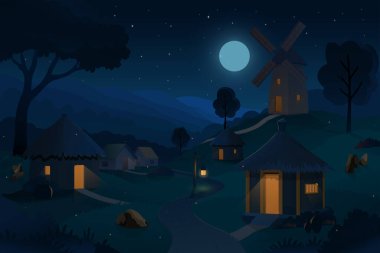 Karanlık gece manzarası köyünün büyük yel değirmeni hayranı, Afrika kır evleri, doğal Asya kırsalları, yol, çizgi film arka planının vektör çizimleri.