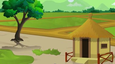 Başlık: Köy hayatı çizgi filmi animasyonu, günden geceye zaman akışı kesintisiz döngü, kırsal güneş veya ay yükselir ve batar