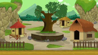 Başlık: Köy hayatı çizgi filmi animasyonu, günden geceye zaman akışı kesintisiz döngü, kırsal güneş veya ay yükselir ve batar