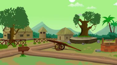 Başlık: Köy hayatı çizgi filmi animasyonu, günden geceye zaman akışı kesintisiz döngü, kırsal güneş veya ay yükselir ve batar