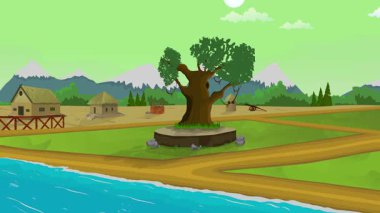 Başlık: Köy hayatı çizgi filmi animasyonu, günden geceye zaman akışı kesintisiz döngü, kırsal güneş veya ay yükselir ve batar