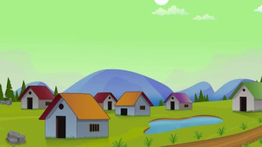 Başlık: Köy hayatı çizgi filmi animasyonu, günden geceye zaman akışı kesintisiz döngü, kırsal güneş veya ay yükselir ve batar