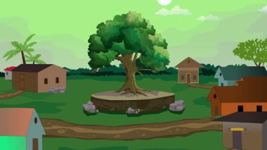 Başlık: Köy hayatı çizgi filmi animasyonu, günden geceye zaman akışı kesintisiz döngü, kırsal güneş veya ay yükselir ve batar