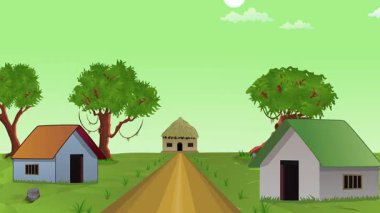 Başlık: Köy hayatı çizgi filmi animasyonu, günden geceye zaman akışı kesintisiz döngü, kırsal güneş veya ay yükselir ve batar