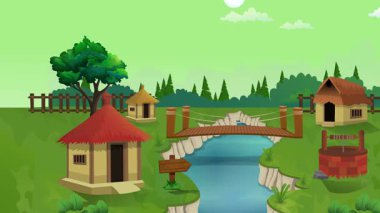 Başlık: Köy hayatı çizgi filmi animasyonu, günden geceye zaman akışı kesintisiz döngü, kırsal güneş veya ay yükselir ve batar