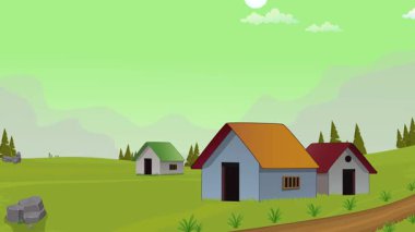 Başlık: Köy hayatı çizgi filmi animasyonu, günden geceye zaman akışı kesintisiz döngü, kırsal güneş veya ay yükselir ve batar