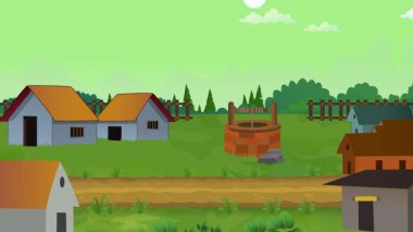 Başlık: Köy hayatı çizgi filmi animasyonu, günden geceye zaman akışı kesintisiz döngü, kırsal güneş veya ay yükselir ve batar