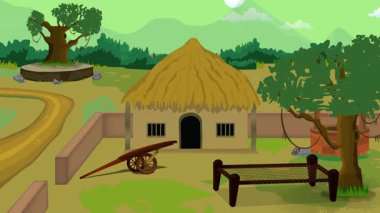 Başlık: Köy hayatı çizgi filmi animasyonu, günden geceye zaman akışı kesintisiz döngü, kırsal güneş veya ay yükselir ve batar