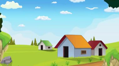Gündüz Fakir Köyü 'nde üç ev manzarası, köy hayatı çizgi film animasyonu, gün batımında dikişsiz döngü, kırsal günbatımı