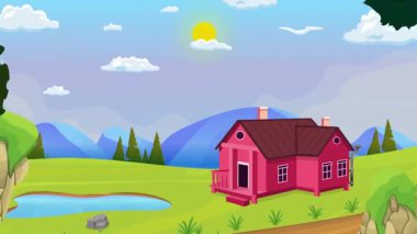 Day House göl, dağlar, köy hayatı çizgi film animasyonları, gün batımında pürüzsüz döngü, kırsal günbatımı