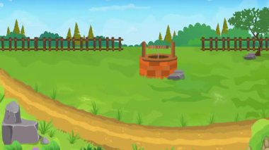 Day Front yolu, ağaç, köy evi, köy hayatı çizgi film animasyonu, günaşırı döngü, kırsal günbatımı