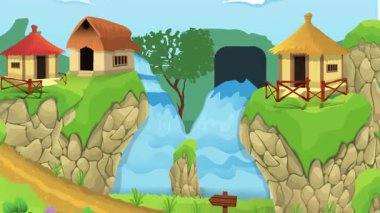 Day Front yolu, dağlardaki evler, su gölü, köy hayatı çizgi film animasyonu, gün batımında dikişsiz döngü, kırsal günbatımı.