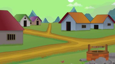 Köy hayatı çizgi film animasyonu, gece gündüz hızlandırılmış zamansız döngü, kırsal güneş veya ay yükseliyor ve resimleme ayarlanıyor