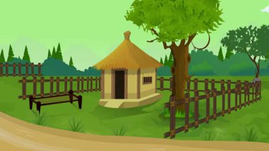 Köy hayatı çizgi film animasyonları, gece gündüz kesintisiz döngü, kırsal güneş veya ay yükselir ve iyi batar.