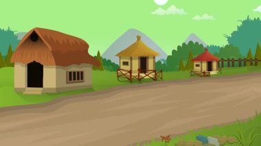 Köy hayatı çizgi filmi animasyonu, günden geceye süratli döngü, kırsal güneş veya ay doğar ve batar, manzara