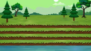 Köy hayatı çizgi film animasyonu, gece gündüz hızlandırılmış zamansız döngü, kırsal güneş veya ay doğar ve batar