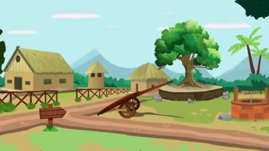 Day House göl, dağlar, köy hayatı çizgi film animasyonları, gün batımında pürüzsüz döngü, kırsal günbatımı