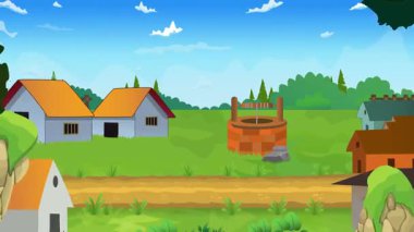 Day Front yolu, ağaç, köy evi, köy hayatı çizgi film animasyonu, günaşırı döngü, kırsal günbatımı