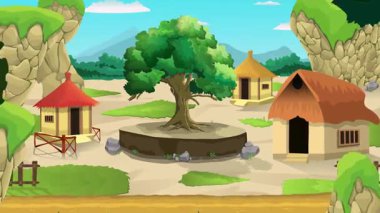 Gündüz Doğal Köy, su gölü, köy hayatı çizgi film animasyonu, gün batımında kusursuz döngü, kırsal günbatımı