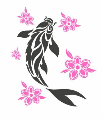 Kiraz çiçekli koi balığının kabile sanatının çizim vektör grafikleri