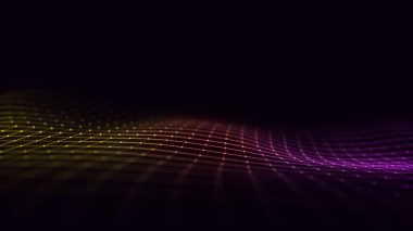 Glowing colorful wave with motion dots. Abstract digital background. Concept connection big data. Futuristic technology backdrop. 3D rendering.