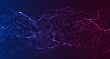 Vector glowing colorful wave with motion dots and top view. Abstract digital background. Concept connection big data. Futuristic technology backdrop.