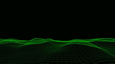 Abstract wireframe terrain. Vector landscape of green mountains. Futuristic polygonal background. Technology perspective grid with 3d landscape. Retro design.