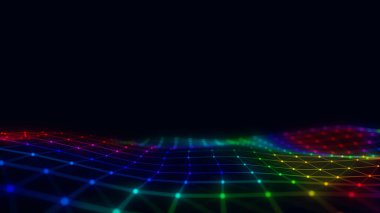 Hareketli noktalar ve çizgilerle parlayan renkli dalgalar. Soyut dijital arkaplan. Bağlantı bilgilerini algıla. Fütürist teknoloji arkaplanı. 3B görüntüleme.