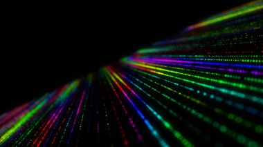 Soyut renkler kayboluyor. İkili kod ile veri hareketi kavramı. Gürültü efektli ve noktalı yarım ton. Matris arkaplanı ekranda. Fütüristik model. 3B görüntüleme.