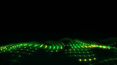 Hareketli noktalar ve çizgilerle parlayan renkli dalgalar. Soyut dijital arkaplan. Bağlantı bilgilerini algıla. Fütürist teknoloji arkaplanı. 3B görüntüleme.