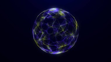 Abstract color sci-fi sphere with particles and lines. Technology network connection on world. Futuristic illustration. Global digital connections ai. 3D wireframe geometric sphere. 3D rendering.