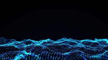 Glowing colorful wave with motion dots. Abstract digital background. Concept connection big data. Futuristic technology backdrop. 3D rendering.