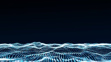 Glowing colorful wave with motion dots. Abstract digital background. Concept connection big data. Futuristic technology backdrop. 3D rendering.