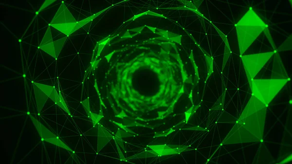 Cyber Futurisztikus Sebességalagút Sci Zöld Féregjárat Absztrakt Wireframe Portál Csatlakozóvonalakkal — Stock Fotó