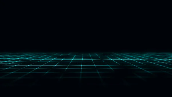 抽象技術の視点グリッド 黒の背景に青い線で詳細なワイヤーフレームの風景 メッシュでデジタル空間 3Dレンダリング — ストック写真