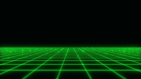 Abstract technology perspective grid. Detailed wireframe landscape with green lines on black background. Digital space with mesh. 3d rendering.