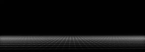 抽象技術の視点グリッド 黒の背景に白い線で詳細なワイヤーフレームの風景 メッシュでデジタル空間 3Dレンダリング — ストック写真