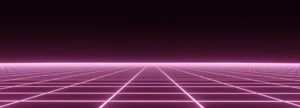 抽象的なレトロな視点グリッド 80年代と90年代の様式における未来的多角形の背景 黒の背景にピンクの線で詳細なワイヤーフレームの風景 メッシュでデジタル空間 3Dレンダリング — ストック写真