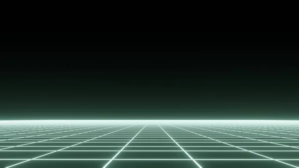 抽象的なレトロな視点グリッド 80年代と90年代の様式における未来的多角形の背景 黒の背景に緑の線で詳細なワイヤーフレームの風景 メッシュでデジタル空間 3Dレンダリング — ストック写真