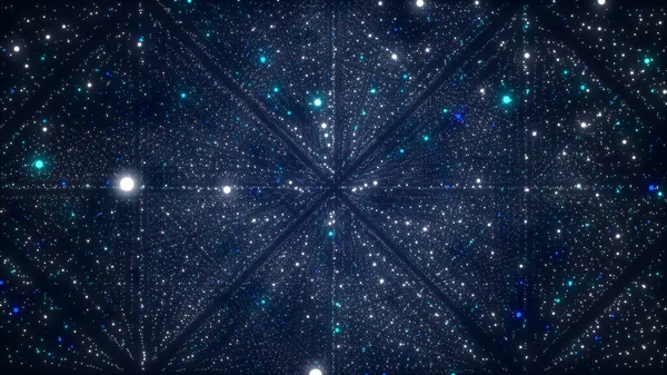 無限の空飛ぶ色の粒子を持つ抽象的なサイバー空間 宇宙の未来的背景 ネットワーク接続ビッグデータ 科学的背景 3Dレンダリング — ストック写真