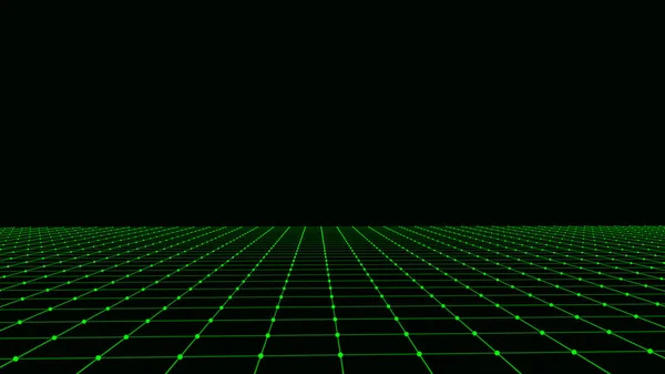 ベクトル抽象技術の視点グリッド 黒の背景に緑の線で詳細なワイヤーフレームの風景 メッシュ付きのデジタル空間 — ストックベクタ