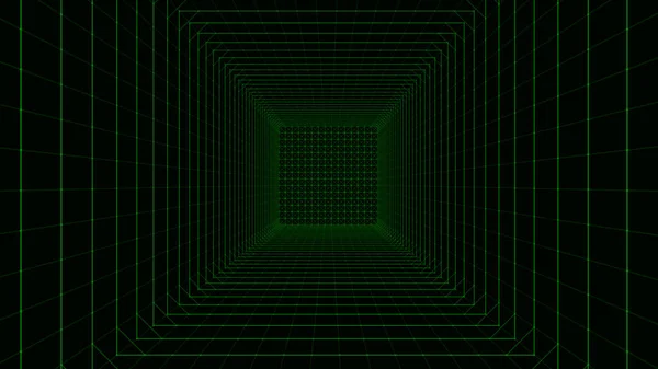 3D空线框空间 虚拟现实的网络空间与网格 未来派绿色数字透视盒 矢量技术网格演播室 — 图库矢量图片