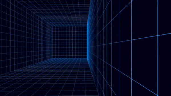 Lege Bedradingsframe Kamer Virtueel Oppervlak Cyberspace Met Raster Futuristisch Blauw — Stockvector